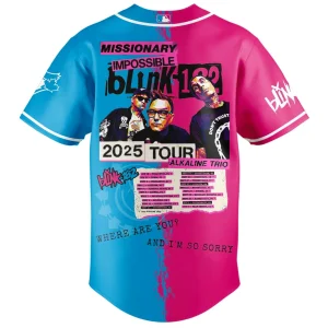Back view of the split pink and blue Toronto Blue Jays x Blink-182 jersey showing the Missionary Impossible 2025 tour dates.