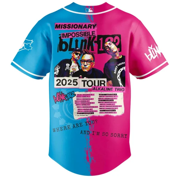Back view of the split pink and blue Toronto Blue Jays x Blink-182 jersey showing the Missionary Impossible 2025 tour dates.