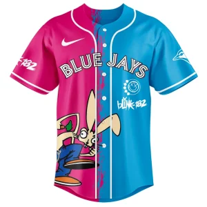 Front view of the split pink and blue Toronto Blue Jays x Blink-182 jersey featuring the band's rabbit mascot and logos.