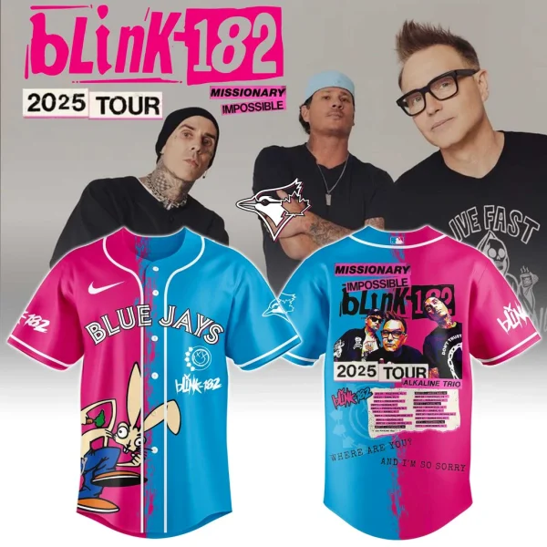 Promo image of the Toronto Blue Jays x Blink-182 jersey showing the front and back designs with the band members in the background.