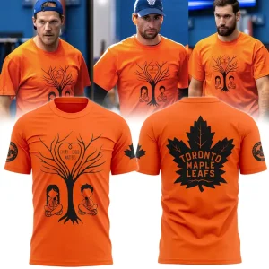 Orange 3D T-shirt composite showing front and back views: front features a black stylized tree with a heart reading 