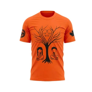 Front view of an orange 3D T-shirt with a black tree graphic centered; heart-shaped text "Every Child Matters" in the branches and two seated child icons below, with visible sleeve emblem and a small maple leaf detail.