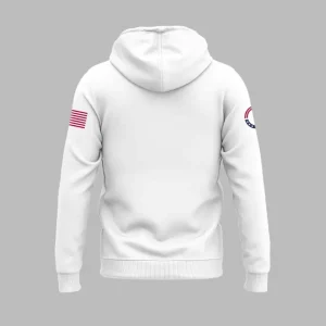 Back of the white pullover hoodie showing the plain back, the hood, and patriotic logo details on both upper sleeves.