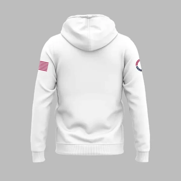 Back of the white pullover hoodie showing the plain back, the hood, and patriotic logo details on both upper sleeves.