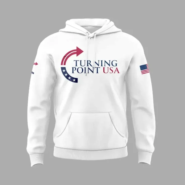 Front of the white pullover hoodie featuring the red and blue Turning Point USA logo and an American flag on the sleeve.