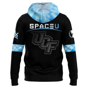 Back view of the UCF Knights Space Uniform hoodie showing the 'SPACE U' text and a stylized UCF logo above the hem.