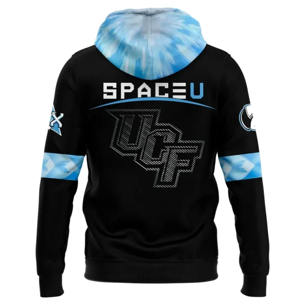 Back view of the UCF Knights Space Uniform hoodie showing the 'SPACE U' text and a stylized UCF logo above the hem.