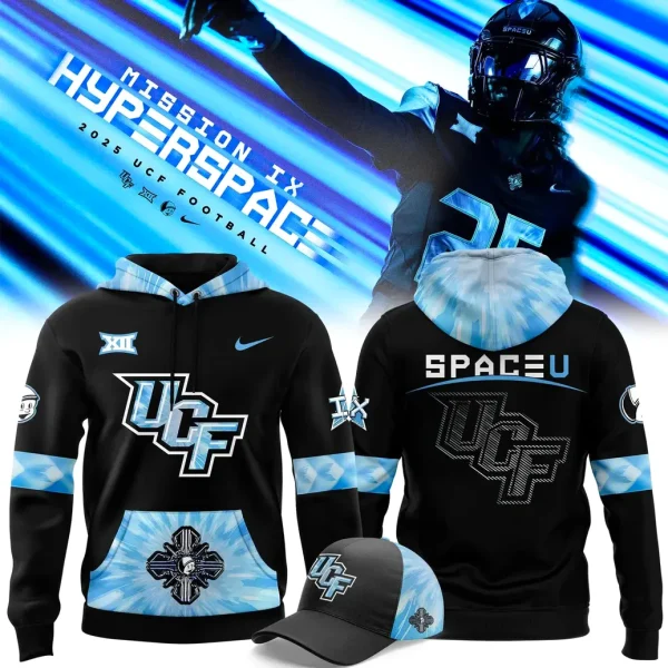 Promotional image of the UCF 2025 Space Uniform hoodie, showing front and back views with a matching cap and football player.