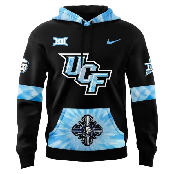 Front view of the black UCF Knights Space Uniform hoodie featuring the UCF logo, Big 12 patch, and blue space-themed accents.