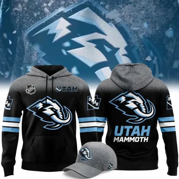 Front and back view of the Utah Mammoth Cold Front Hoodie with a matching team logo cap in front of an icy logo background.