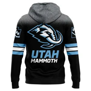A detailed back view of the Utah Mammoth hoodie, showcasing the large team logo and "UTAH MAMMOTH" text across the back.