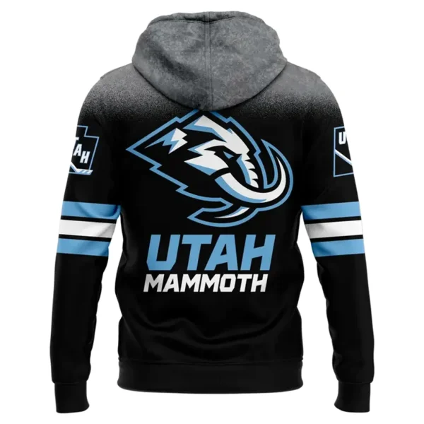 A detailed back view of the Utah Mammoth hoodie, showcasing the large team logo and "UTAH MAMMOTH" text across the back.