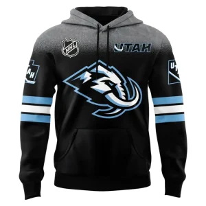 A detailed front view of the Utah Mammoth hoodie, featuring the team logo, NHL shield, and light blue and white sleeve stripes.