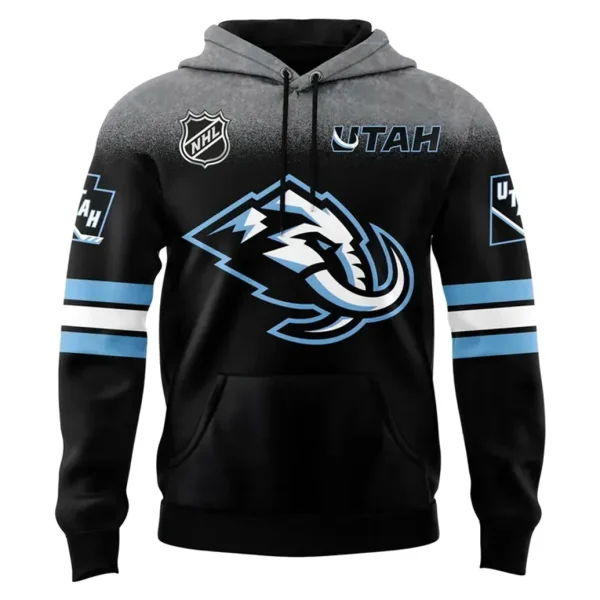 A detailed front view of the Utah Mammoth hoodie, featuring the team logo, NHL shield, and light blue and white sleeve stripes.
