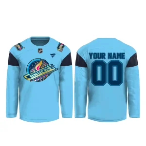 A customizable light blue Vancouver Canucks Diwali jersey showing the special logo on the front and nameplate on the back.