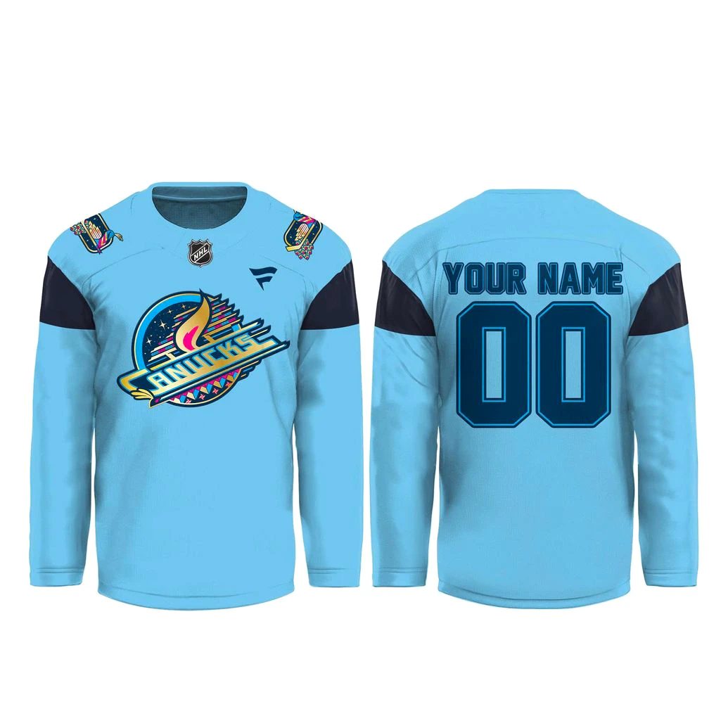 Vancouver Canucks Diwali Celebration 2025 Jersey Front And Back View A customizable light blue Vancouver Canucks Diwali jersey showing the special logo on the front and nameplate on the back.