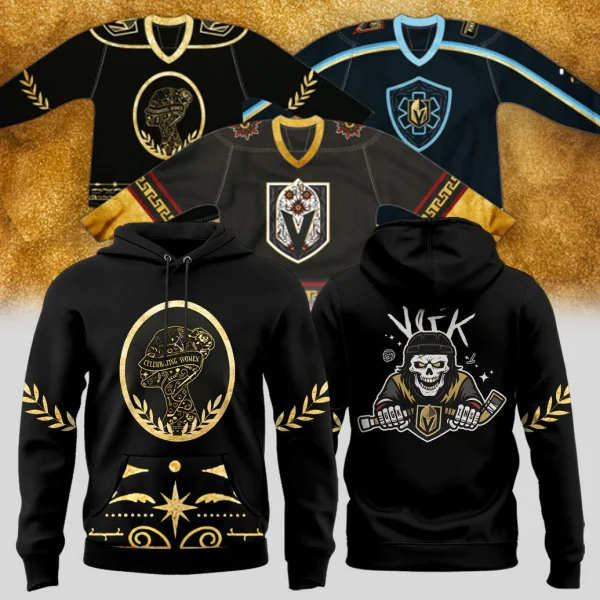 A black hoodie with Vegas Golden Knights inspired designs, showing the front with a gold graphic and the back with a skeleton player.