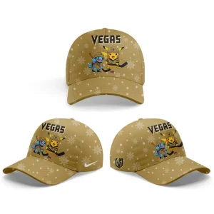Three views of the matching gold Vegas Golden Knights Pokemon cap with a snowflake pattern, Pikachu, and Squirtle hockey graphic.