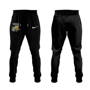 Front and back view of the black sweatpants from the Vegas Golden Knights Pokemon collection, with a small character graphic on the leg.