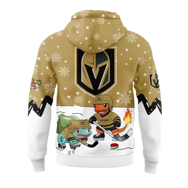 The back of the gold Vegas Golden Knights Pokemon hoodie, featuring the team logo above Bulbasaur and Charmander playing hockey.