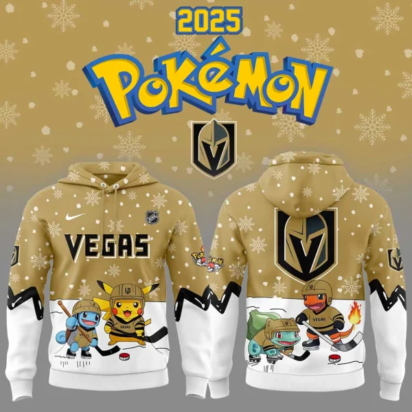 Front and back view of the Vegas Golden Knights Pokemon hoodie featuring Pikachu, Squirtle, Bulbasaur, and Charmander in hockey gear.