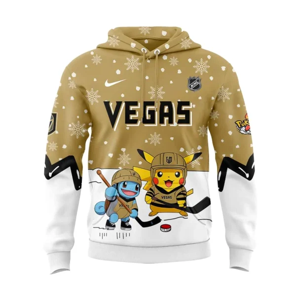 A close-up on the front of the gold Vegas Golden Knights Pokemon hoodie, showing Pikachu and Squirtle playing ice hockey.