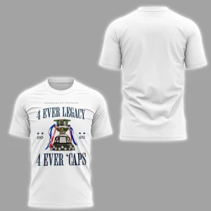 A mockup showing the front and back of the white Whitecaps FC 2025 Canadian Champions t-shirt on a plain grey background.