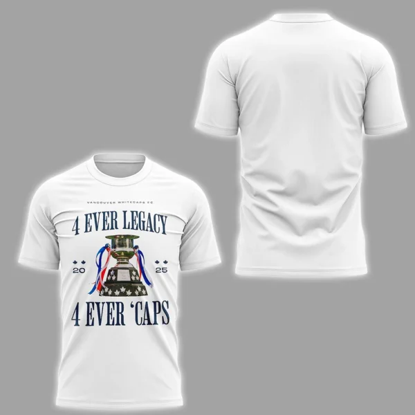 A mockup showing the front and back of the white Whitecaps FC 2025 Canadian Champions t-shirt on a plain grey background.