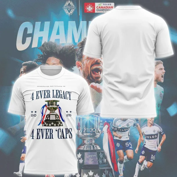 Front and back of the Whitecaps FC 2025 Canadian Champions t-shirt shown over a background of celebrating players.
