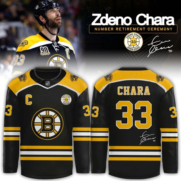Promo image showing Zdeno Chara and the front and back of the Boston Hockey Legends 33 tribute jersey.