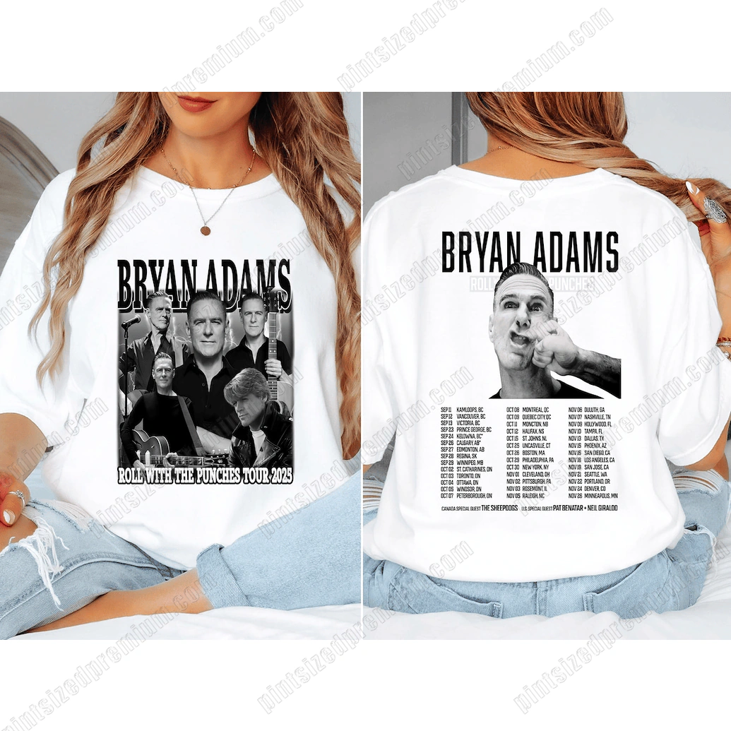 Bryan Adams 2025 Roll Will The Punches Tour White T-Shirt Bryan Adams 2025 Roll Will The Punches Tour White T-Shirt