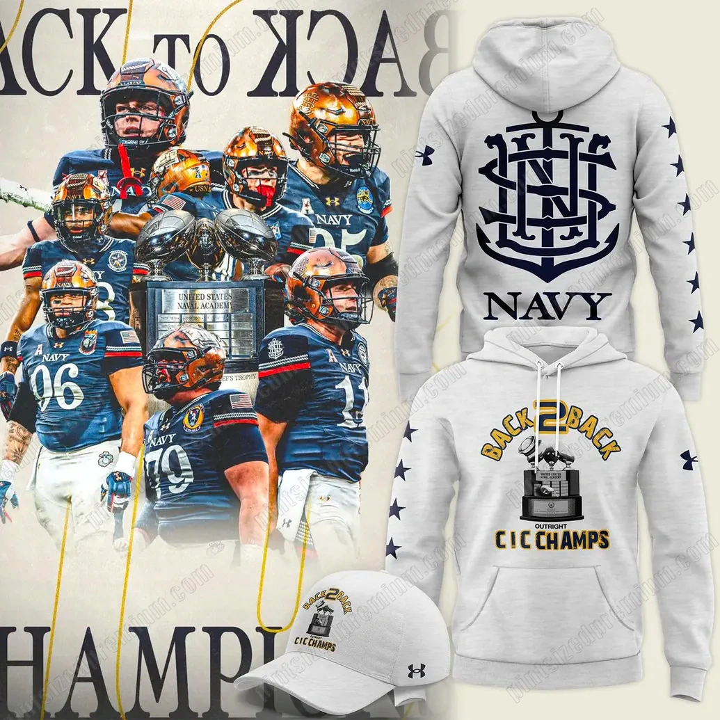 Navy Football Back To Back 2025 CIC Champions Hoodie Navy Football Back To Back 2025 CIC Champions Hoodie